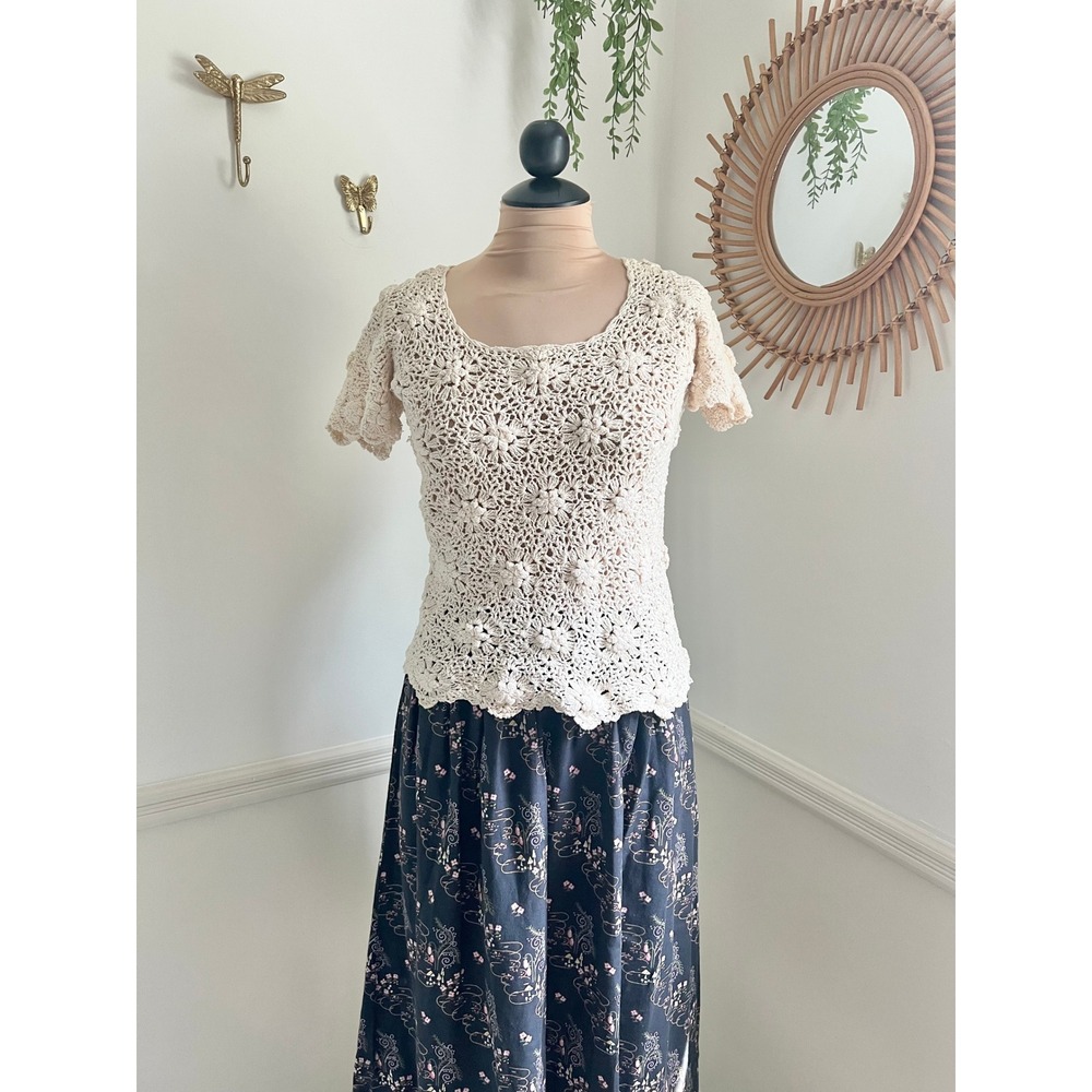 Vintage 70s SK Imports Hand Crocheted Blouse